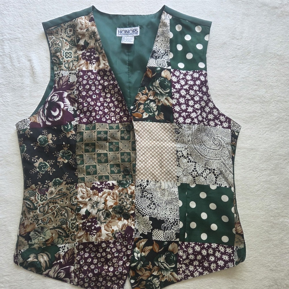 Vintage 100% Silk Vest Green Floral Polka Dot Eclectic Sz Med